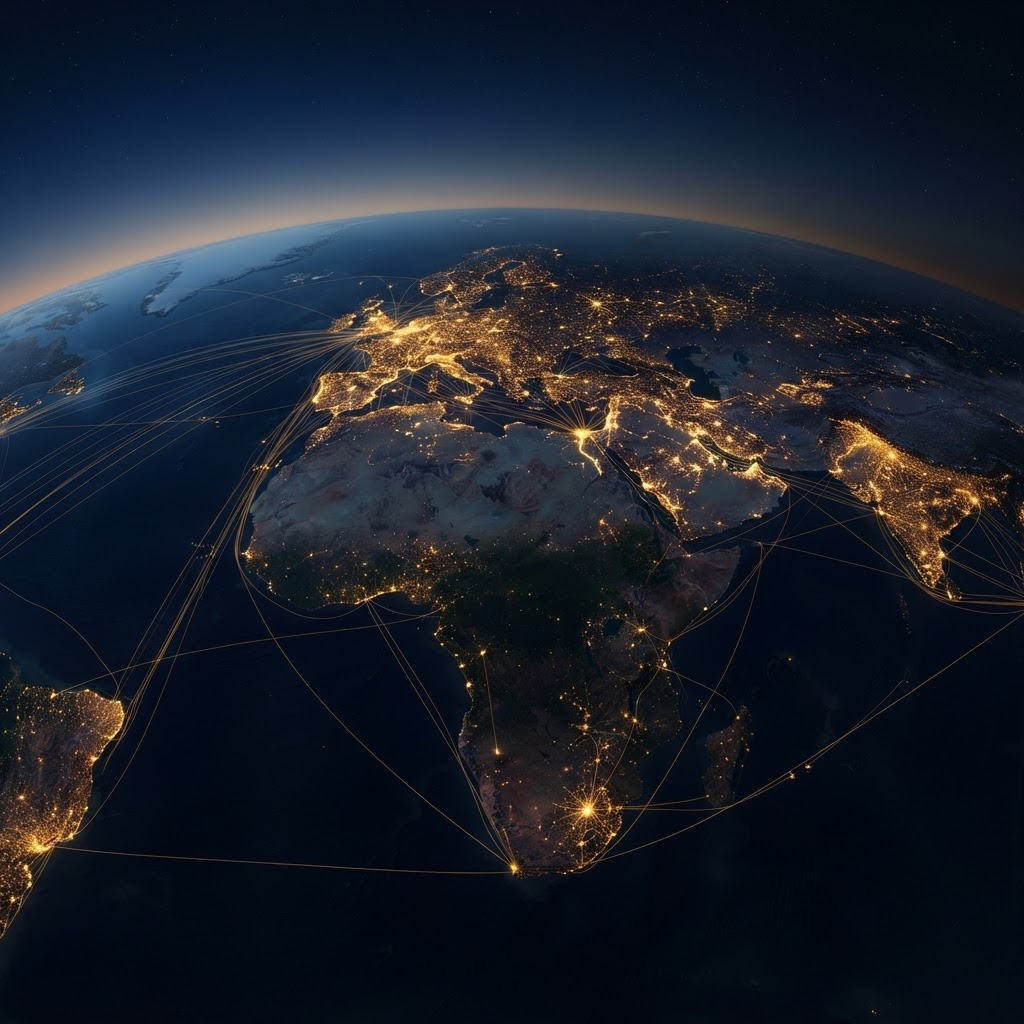 A global network of city lights connected across continents at dusk