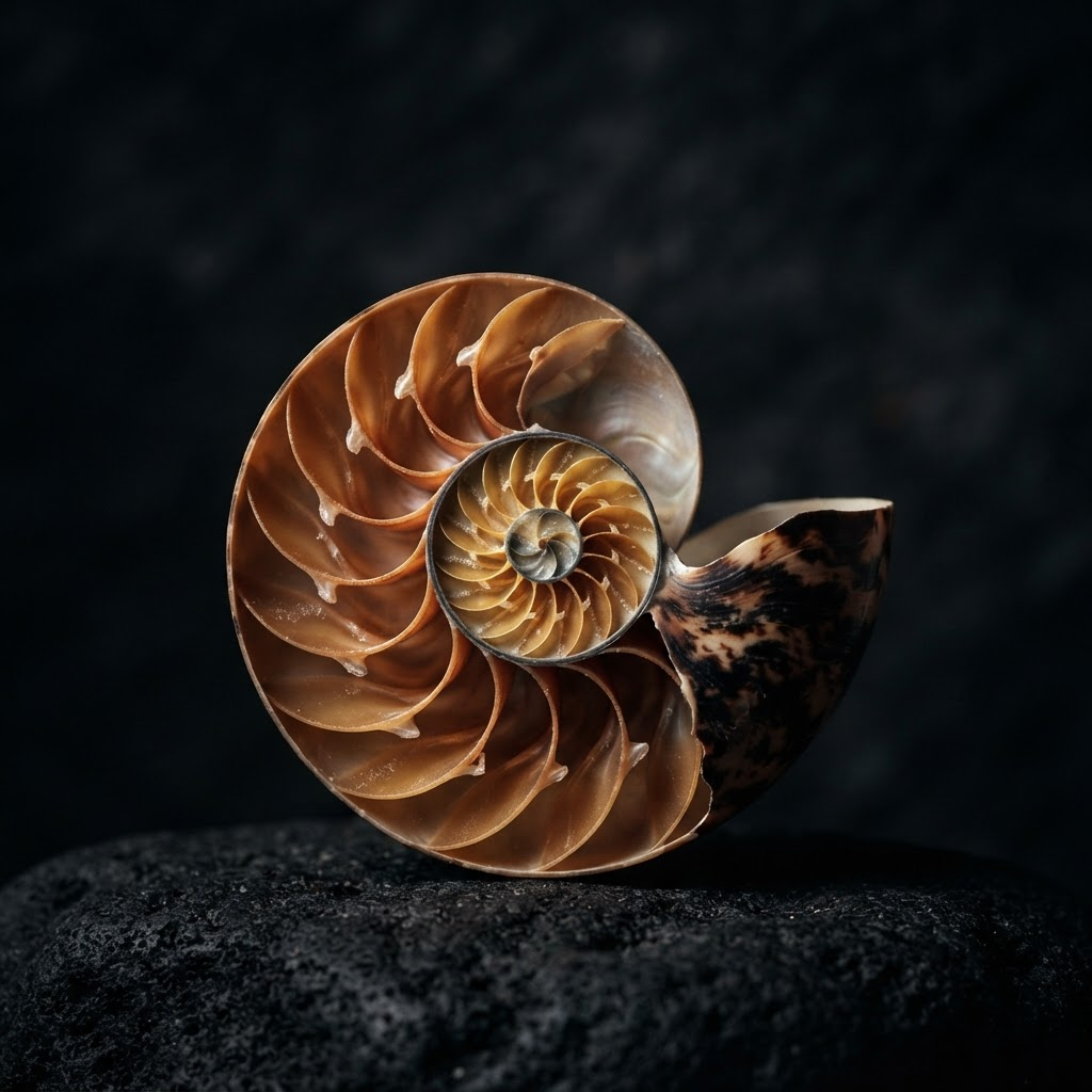 A nautilus shell cross-section revealing golden-ratio chambers